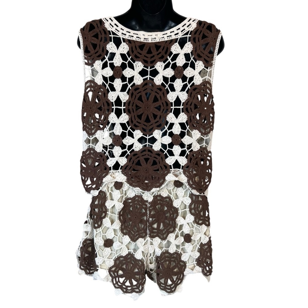 Rebellion Cream and Brown Crochet Cropped Tank and Shorts Set, Medium - Picture 16 of 16